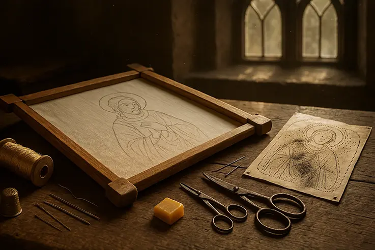 Una mesa de taller medieval con todos los implementos de bordado